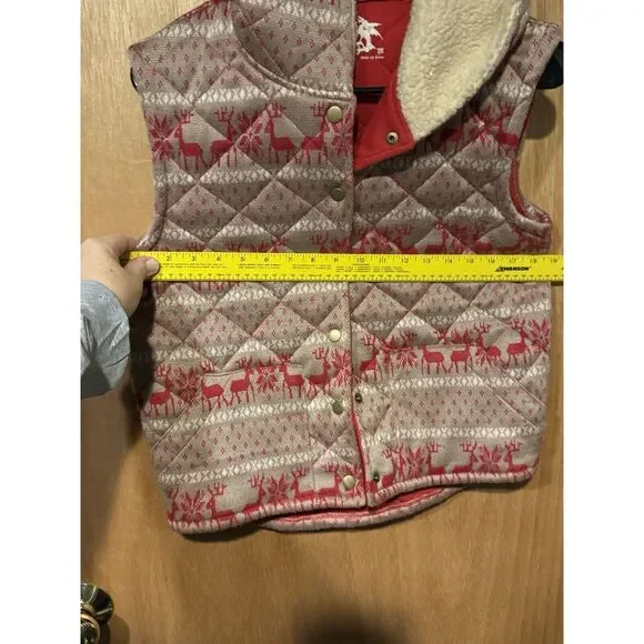 Free People Women Reindeer Hooded Quilted Red Beige Vest‎ Med Christmas - Picture 5 of 6